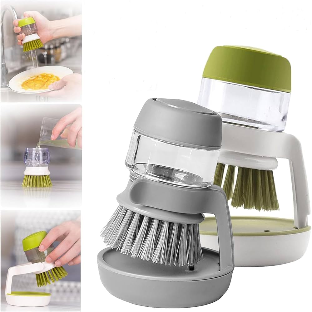 2 Pcs Kitchen Dishwasher Brush With Liquid Soap Dispenser