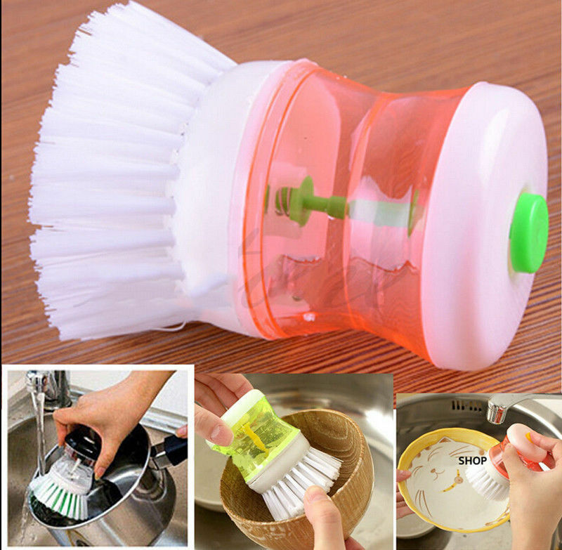 2 Pcs Kitchen Dishwasher Brush With Liquid Soap Dispenser